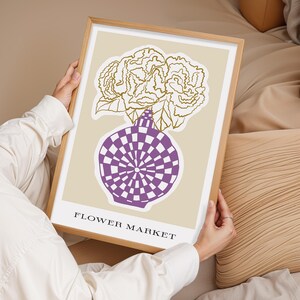 Póster de jarrón óptico morado, arte floral lineal, decoración moderna, impresión botánica para pared, regalo para el hogar, impresión floral, impresión abstracta, decoración de pared.