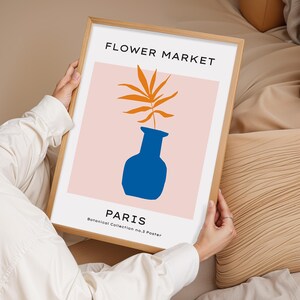 Arte mural del Mercado de Flores de París, póster de jarrón botánico moderno, estampado minimalista de plantas, decoración floral francesa, obra de arte en rosa suave, regalo para el hogar.