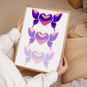 Impresión de arte de pared con corazón estético Y2K / Póster de corazón con alas de ángel / Decoración holográfica en rosa púrpura / Impresión de habitación preppy de moda / Arte para dormitorio femenino