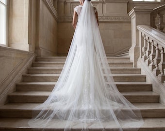 Extra Long Single Layer Bridal Veil, 3M Soft Tulle Wedding Veil, Minimalist Chapel Veil with Long Train, Elegant Bride Veil in Pure