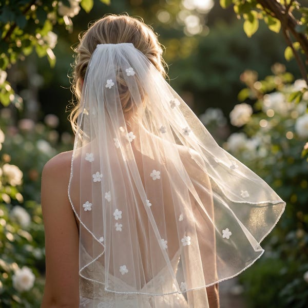Short Single Layer Bridal Veil, Simple Korean Style Wedding Veil, Beaded or Flower Edge Blusher Veil, Minimalist Fairy Bride Veil
