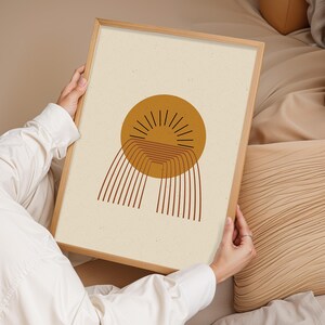 Arte de pared minimalista con arco solar bohemio / Impresión abstracta moderna de mediados de siglo / Póster geométrico en amarillo mostaza y marrón / Decoración del hogar japonesa