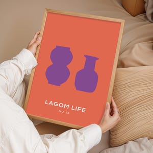 Impresión de jarrón escandinavo, arte mural moderno de mediados de siglo, póster minimalista audaz, decoración de bloques de color naranja y morado, arte estilo Lagom, regalo para el hogar.