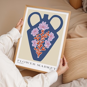Impresión de arte mural de jarrón de flores, póster botánico moderno, estampado floral minimalista, decoración natural colorida, regalo para ella, impresiones de arte mural, póster de jarrón