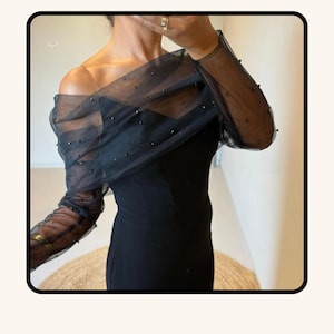 May include: A black dress with a sheer, off-the-shoulder overlay. The overlay features small, dark embellishments and long sleeves. The dress appears to be form-fitting, creating a sleek silhouette. The overall style suggests an evening or formal wear.