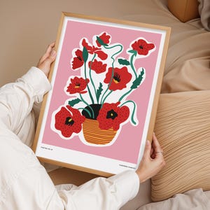 Lámina de amapola roja, póster floral, estampado de flores rosas, decoración botánica, arte de pared rústico, arte floral moderno, regalo para ella