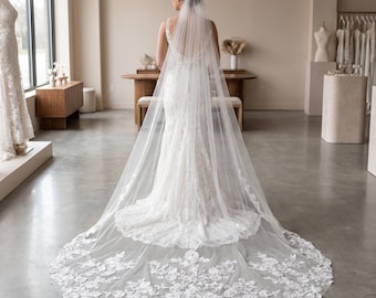 Velo de novia catedral con borde de encaje, velo de novia largo de tul suave, velo con cola floral de 3 m o 5 m, velo de novia beige, blanco o blanco puro.
