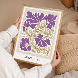 Impression d'art ligne florale violette, affiche botanique minimale, décoration murale simplicité, affiche encadrée, décoration d'intérieur moderne, décoration nature, cadeau pour la maison