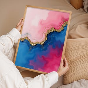 Impresión de arte fluido abstracto, póster abstracto moderno, decoración artística colorida, impresión de pared rosa y azul, decoración minimalista del hogar, decoración de pared, regalo para el hogar