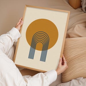 Arte de pared con arco geométrico minimalista / Impresión de sol moderno de mediados de siglo / Póster abstracto en amarillo mostaza y azul marino / Decoración del hogar bohemia japonesa