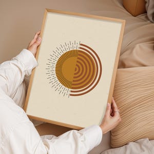 Arte de pared minimalista bohemio con rayos de sol / Impresión abstracta moderna de mediados de siglo / Póster geométrico en amarillo mostaza y marrón / Decoración del hogar japonesa