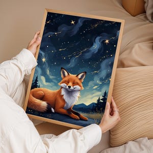 Impresión de arte de pared de zorro, póster de animales del bosque, decoración de guardería con cielo nocturno, decoración de pared de zorro, arte de habitación de animales del bosque, decoración de animales, regalo para habitación infantil