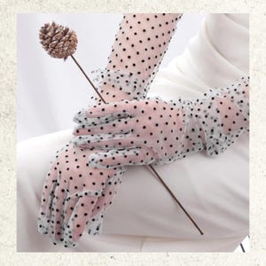 Women Black Lace Gloves – Long Sheer Fishnet Gloves with Wavy Dots, Bridal & Party Accessories