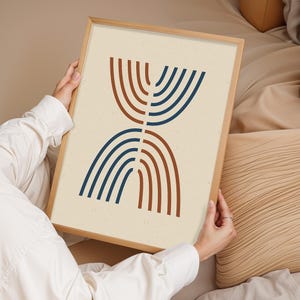 Arte mural geométrico minimalista de mediados de siglo / Impresión de líneas abstractas bohemias / Póster artístico en beige, marrón y azul marino / Decoración moderna japonesa para el hogar
