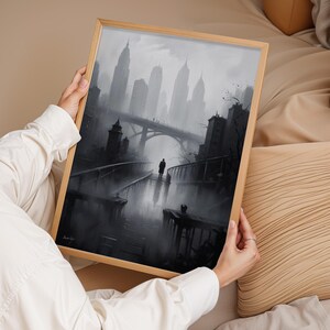 Arte urbano postapocalíptico, impresión de pared urbana de un hombre solitario, póster de paisaje con puente brumoso, decoración de paisaje urbano oscuro, póster de arte mural, regalo para el hogar