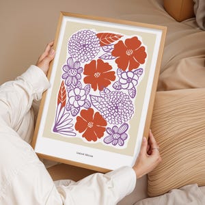 Bunte Blumenwandkunst, Orange Lila Blumendruck, Moderne Linie Poster, gerahmtes Poster, minimalistische Wanddekoration, Wandbehänge, Geschenk für Zuhause