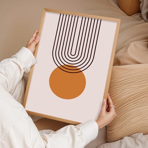 Arte de pared minimalista con arco bohemio y sol / Impresión abstracta moderna de mediados de siglo / Póster geométrico en terracota y negro / Decoración japonesa para el hogar