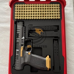 May include: A black handgun with gold accents and two magazines, along with a collection of bullets, is displayed inside a red case. The case has a clear top and is designed for secure storage.