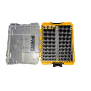 May include: Open yellow and black tool organizer with a clear lid. The organizer is labeled with the brand name "DEWALT" and has multiple compartments for storing small items. The lid is open, revealing the interior.