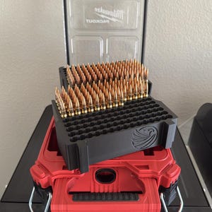 May include: A black ammunition storage container filled with numerous brass-colored bullets, resting on a red toolbox. The container has a logo of a bird. A clear plastic storage case is visible in the background.