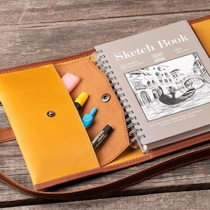 A5 leather notebook cover: personalized artist gift, leather journal case, leather art supplies holder, leather sketchbook, gifts for girls