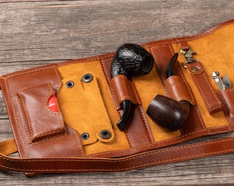 Leather Pipe Case - Personalized Pipe Bag, Tobacco Pouch, Gifts for Pipe Smokers, Handmade Leather Pipe  Roll