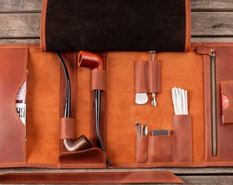 Personalisierte Pfeifenrolle aus Leder, Cognac-Pfeifenetui, Tabakbeutel, Reisepfeifenhalter, Etui für Pfeifenraucher-Sets, Jubiläumsgeschenke für Männer
