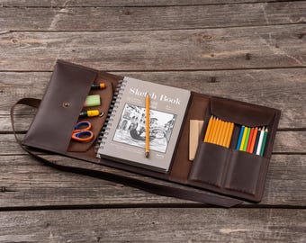 Leren schetsboekomslag 5,5 x 8,5 inch - gepersonaliseerde bruinleren omslag voor tekeningschetsboek, aangepaste schetsblokomslag, kerstcadeaus