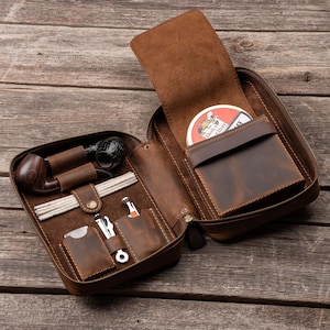 Leather Pipe Bag – Brown Pipe Case for Tobacco and Accessories, Travel Pipe Holder, Case for Pipe Smokers Set, Gift for Him