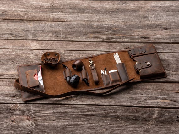 Personalized Leather Pipe Roll, Brown Pipe Case, Tobacco Pouch, Travel Pipe Holder, Case for Pipe Smokers Set, Anniversary Gifts for Men