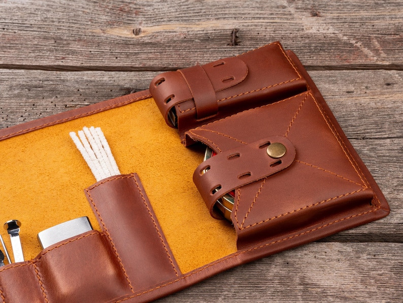 Personalisierte Leder Pfeife Rolle, Braun Pfeifenhalter, Tabakbeutel, Reise Pfeifenhalter, Etui für Pfeifenraucher Set, Jahrestagsgeschenke für Männer Bild 10