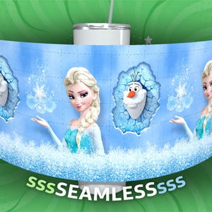 May include: A blue and white tumbler with a seamless design featuring Elsa and Olaf from the movie Frozen. The design includes snowflakes and a light blue background.