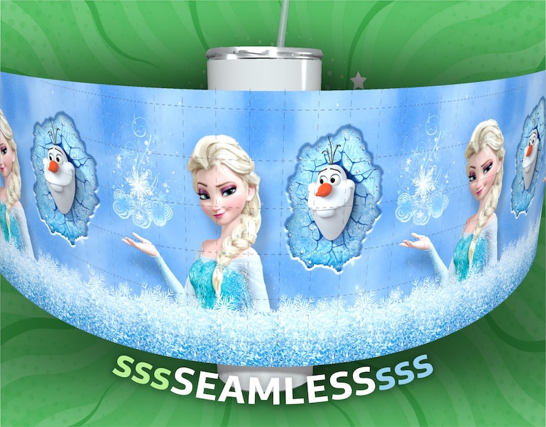 May include: A blue and white tumbler with a seamless design featuring Elsa and Olaf from the movie Frozen. The design includes snowflakes and a light blue background.