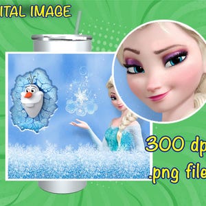 May include: A sublimation design featuring a blue background with a white snowflake design, a blue and white ice castle, and a character from the movie Frozen. The design also includes a white and blue ice castle with a character from the movie Frozen. The design is 300 dpi and is a PNG file.
