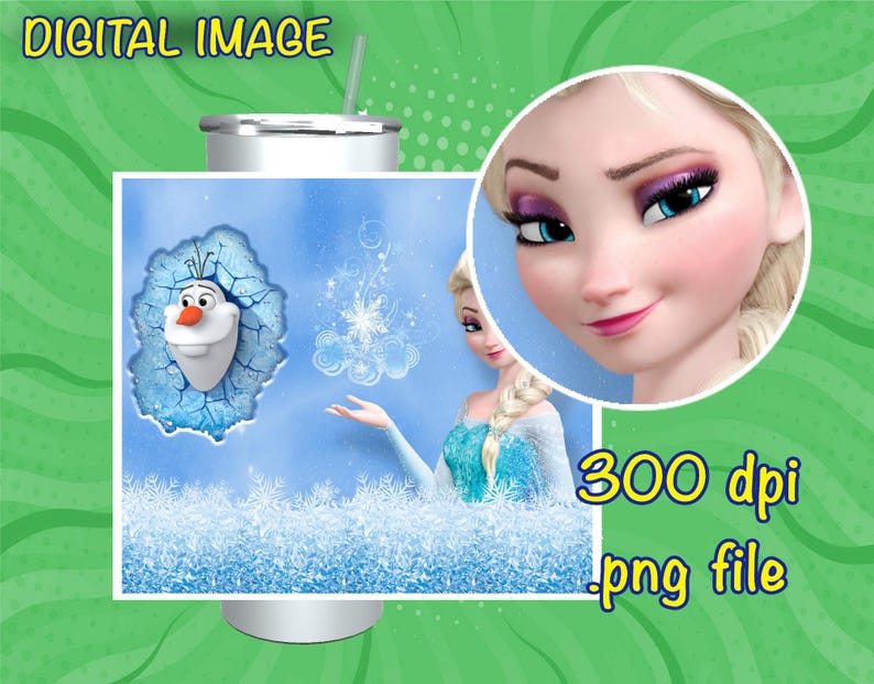 May include: A sublimation design featuring a blue background with a white snowflake design, a blue and white ice castle, and a character from the movie Frozen. The design also includes a white and blue ice castle with a character from the movie Frozen. The design is 300 dpi and is a PNG file.