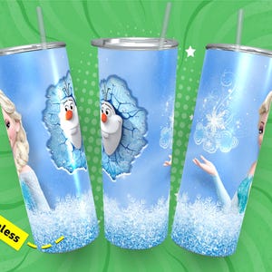 May include: Three stainless steel tumblers with a seamless design featuring a blue background with snowflakes, a white and blue snowflake design, and a blue background with a snowflake design and a character from the movie Frozen. The character is wearing a blue dress and has long blonde hair.