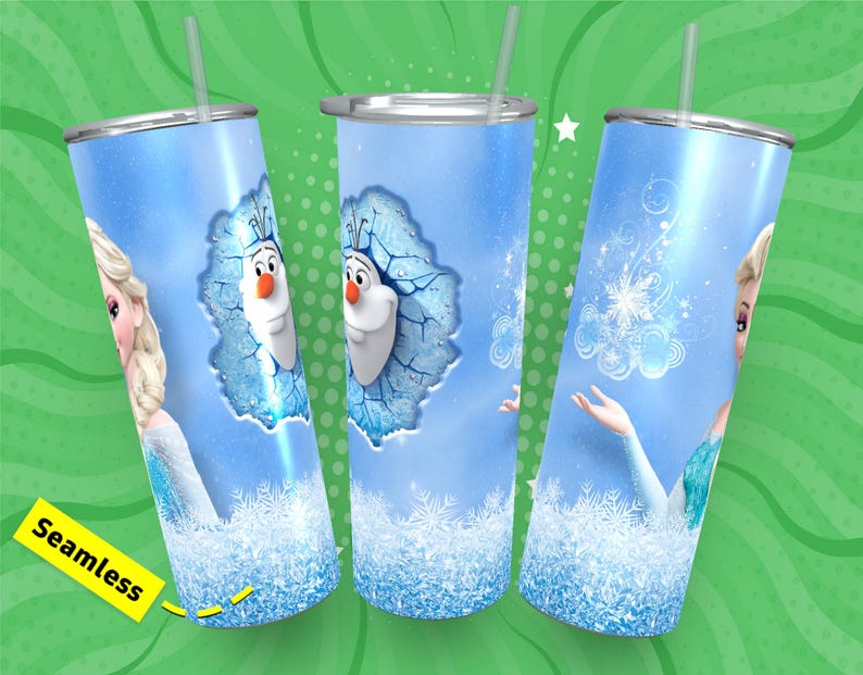 May include: Three stainless steel tumblers with a seamless design featuring a blue background with snowflakes, a white and blue snowflake design, and a blue background with a snowflake design and a character from the movie Frozen. The character is wearing a blue dress and has long blonde hair.