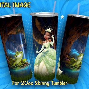 May include: A 20 ounce skinny tumbler with a design featuring a green frog and a princess in a green dress. The background is a dark green forest with a light blue sky.