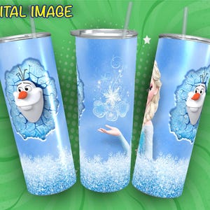 May include: Three stainless steel tumblers with a blue background and images of Elsa and Olaf from the movie Frozen. The tumblers have a white glitter finish around the bottom.