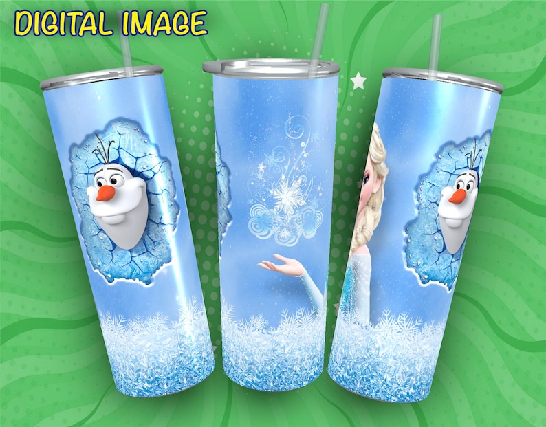 May include: Three stainless steel tumblers with a blue background and images of Elsa and Olaf from the movie Frozen. The tumblers have a white glitter finish around the bottom.