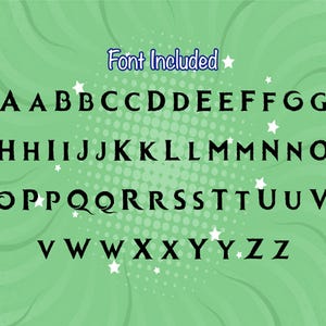May include: A black and white alphabet font with a whimsical, stylized design. The letters are set against a green background with a white polka dot pattern and white stars.