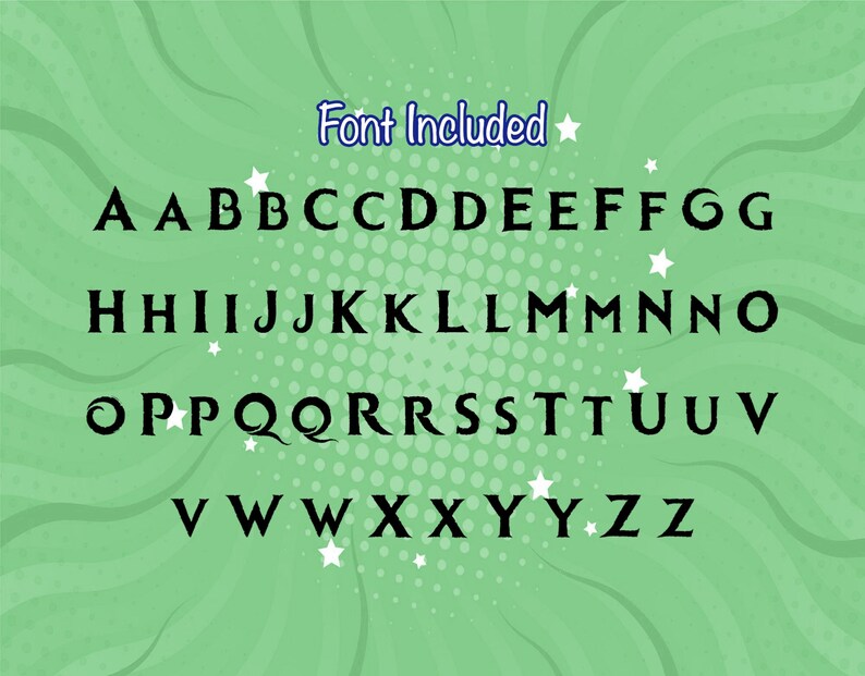 May include: A black and white alphabet font with a whimsical, stylized design. The letters are set against a green background with a white polka dot pattern and white stars.