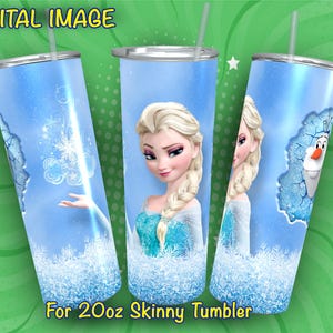 May include: A blue and white 20oz skinny tumbler with a design featuring Elsa from Frozen. The design includes Elsa's face, her hair, and a snowflake pattern. The text "For 20oz Skinny Tumbler" is at the bottom of the image.