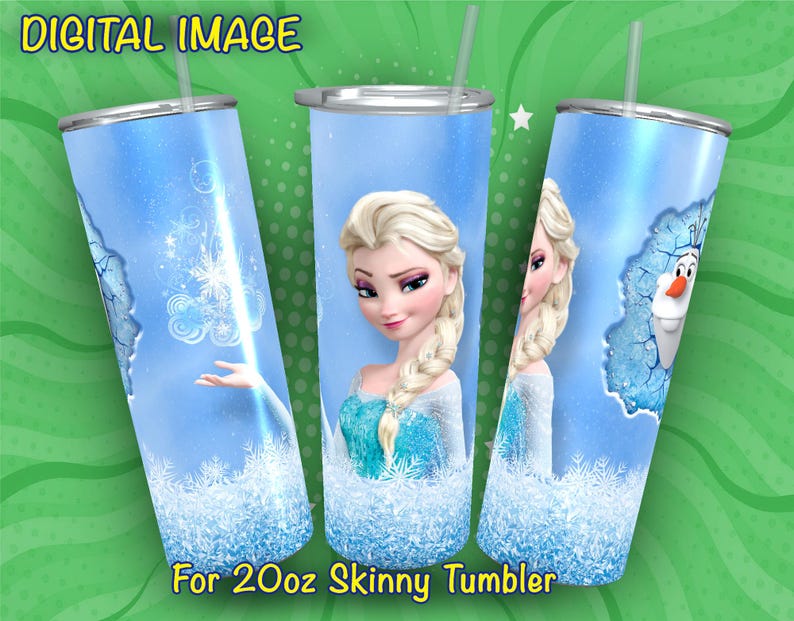May include: A blue and white 20oz skinny tumbler with a design featuring Elsa from Frozen. The design includes Elsa's face, her hair, and a snowflake pattern. The text "For 20oz Skinny Tumbler" is at the bottom of the image.