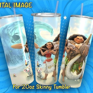 May include: A 20oz skinny tumbler featuring a colourful design with characters from the animated film Moana. The design includes Moana, Maui, and a large wave with a blue and green colour scheme. The text "For 20oz Skinny Tumbler" is at the bottom of the image.