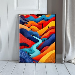Póster de paisaje colorido abstracto para decoración del hogar, colinas ondulantes y río vibrantes, póster de arte abstracto, pósteres abstractos imprimibles, ingenioso,