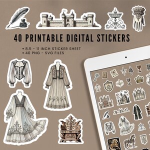 Op de afbeelding: 40 printbare digitale stickers met een verscheidenheid aan middeleeuwse en sprookjesachtige illustraties. De stickers bevatten een kasteel, een troon, een vrouw in een jurk, een vrouw in een korset, een fontein, een hand, een pen en een inktpot, en een verscheidenheid aan andere ontwerpen. De stickers zijn 8,5 inch bij 11 inch en zijn beschikbaar in PNG- en SVG-formaten.