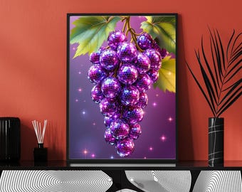 Purple Disco Grape Art Print, Preppy Room Decor Disco Grape Poster, Disco Ball Purple Grape Poster, Preppy Dorm Decor, Disco Ball Fruit,