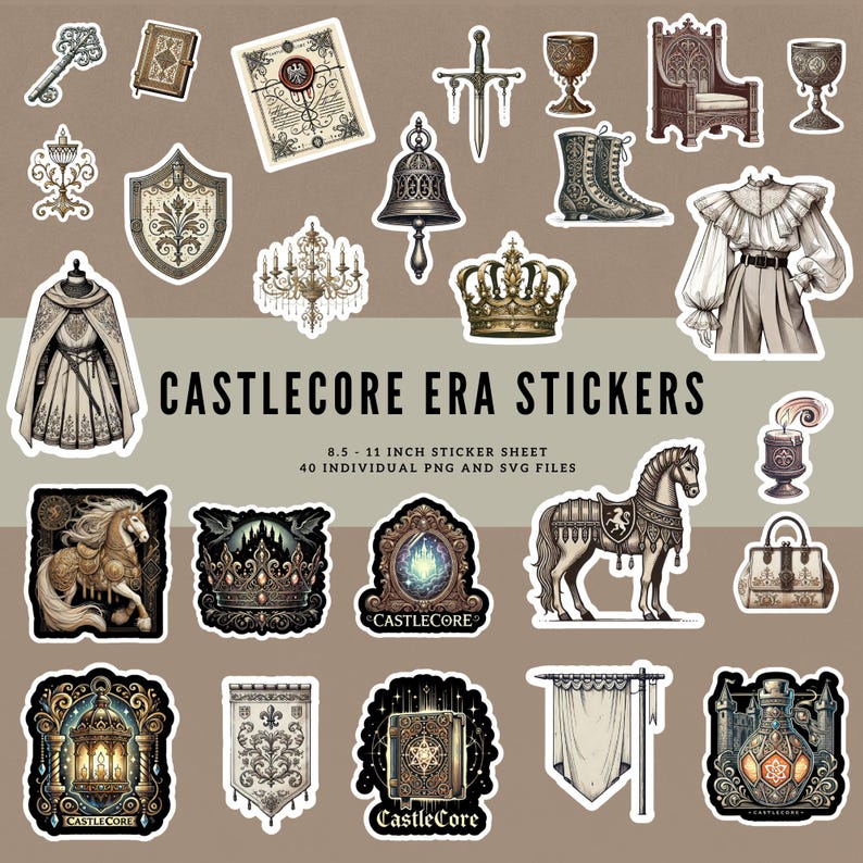 Op de afbeelding: Een stickerblad met 40 individuele stickers met een castlecore-thema. De stickers zijn 8,5 bij 11 inch en bevatten afbeeldingen van kronen, kastelen, sleutels, boeken en andere middeleeuwse ge&iuml;nspireerde ontwerpen.
