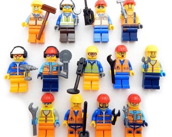 May include: A collection of fourteen Lego construction worker minifigures arranged in three rows. Each figure wears a hard hat, safety vest, and work clothing in various colors including orange, blue, yellow, and grey. They hold tools like wrenches, shovels, and drills.